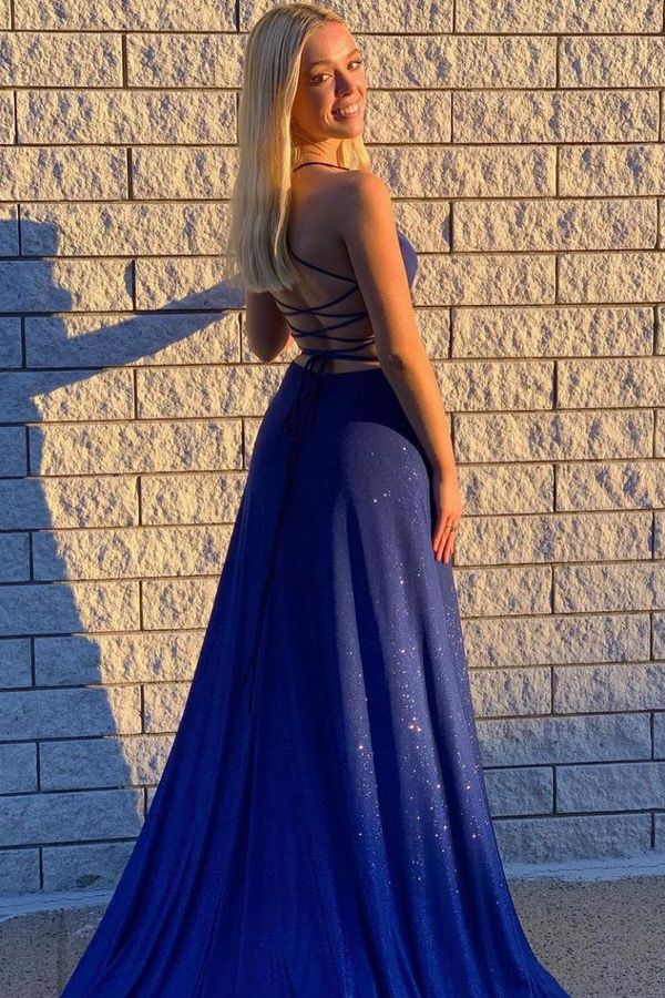 Glitter A Line Spaghetti Straps Navy Satin Sequin Long Prom Dress,Evening Dress GG1724