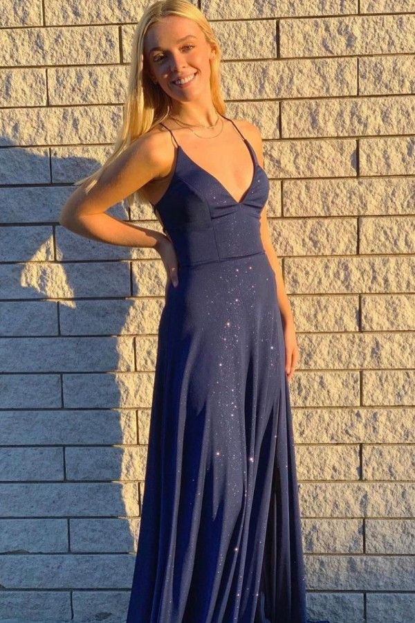Glitter A Line Spaghetti Straps Navy Satin Sequin Long Prom Dress,Evening Dress GG1724