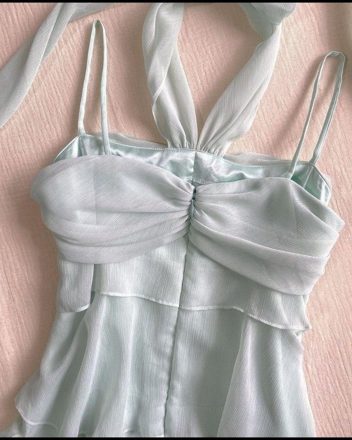 Charming A Line Halter Spaghetti Straps Tiffany Blue Chiffon Tiered Short Prom Dress,Evening Dress GG1725