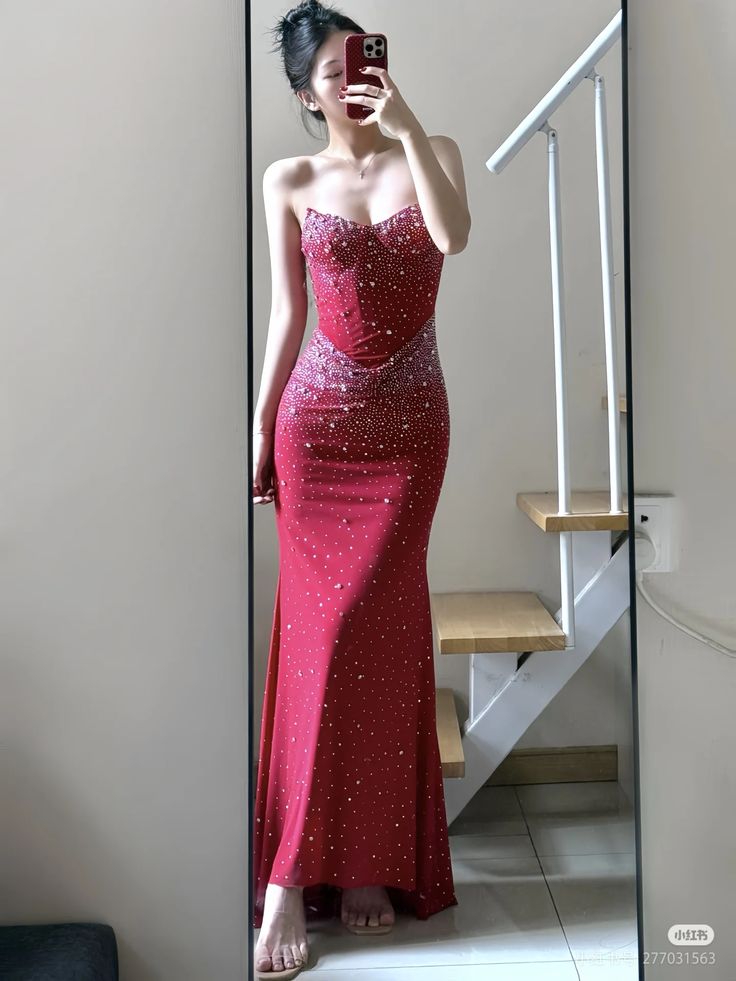 Glamorous Mermaid Strapless Burgundy Satin Beaded Long Prom Dress,Evening Dress GG1730