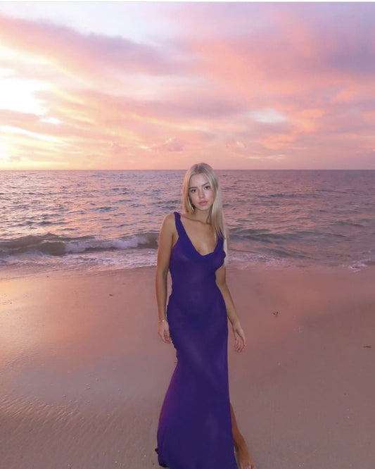 Sexy Mermaid Low Collar Purple Chiffon Slit Long Prom Dress,Evening Dress GG1732