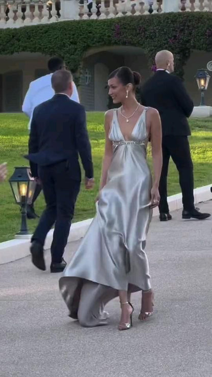 Sexy A Line V Neck Satin Backless Long Prom Dress,Evening Dress GG1736