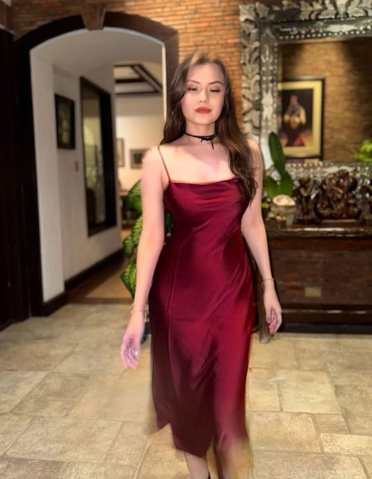 Sexy Sheath Mermaid Spaghetti Straps Burgundy Satin Tea Length Prom Dress,Evening Dress GG1738