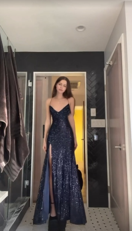 Glitter A Line Spaghetti Straps Navy Satin Sequin Slit Long  Prom Dress,Evening Dress GG1740