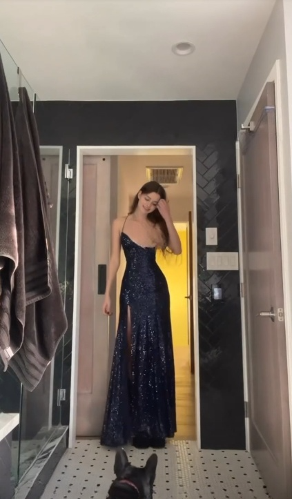 Glitter A Line Spaghetti Straps Navy Satin Sequin Slit Long  Prom Dress,Evening Dress GG1740