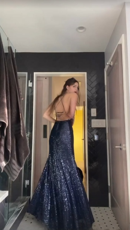 Glitter A Line Spaghetti Straps Navy Satin Sequin Slit Long  Prom Dress,Evening Dress GG1740