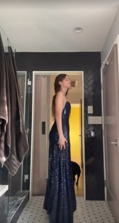 Glitter A Line Spaghetti Straps Navy Satin Sequin Slit Long  Prom Dress,Evening Dress GG1740