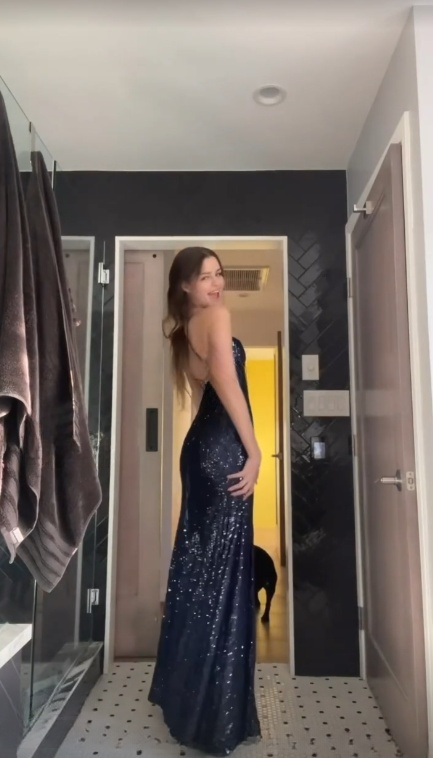 Glitter A Line Spaghetti Straps Navy Satin Sequin Slit Long  Prom Dress,Evening Dress GG1740