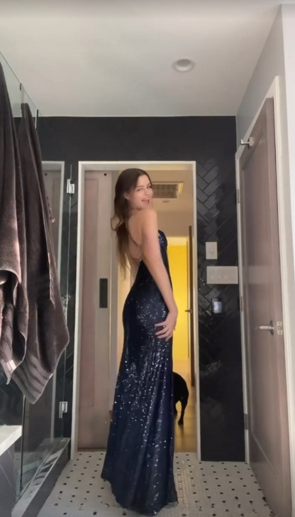 Glitter A Line Spaghetti Straps Navy Satin Sequin Slit Long  Prom Dress,Evening Dress GG1740