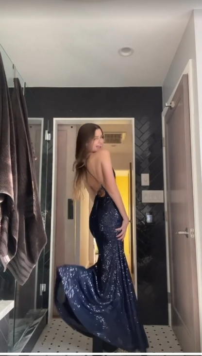 Glitter A Line Spaghetti Straps Navy Satin Sequin Slit Long  Prom Dress,Evening Dress GG1740