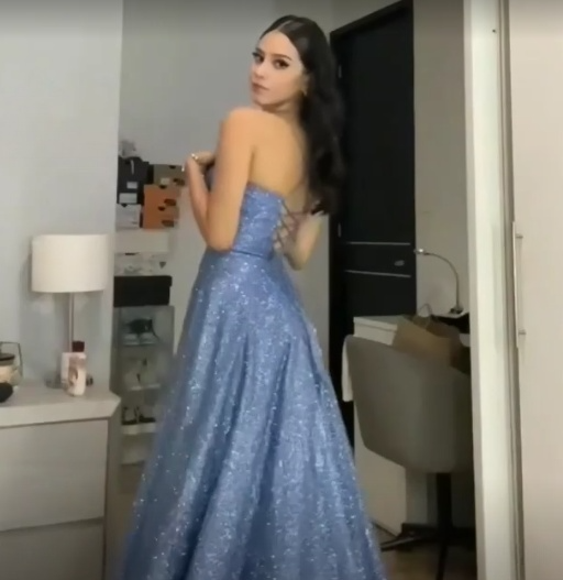 Shiny A Line Spaghetti Straps Sky Blue Satin Sequin Slit Long  Prom Dress,Evening Dress GG1741