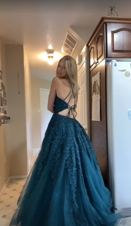 Charming A Line Spaghetti Straps Tulle Applique Beaded With Pocket Long  Prom Dress,Evening Dress GG1742