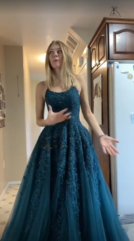 Charming A Line Spaghetti Straps Tulle Applique Beaded With Pocket Long  Prom Dress,Evening Dress GG1742