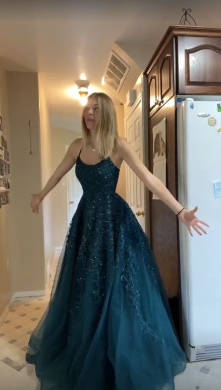 Charming A Line Spaghetti Straps Tulle Applique Beaded With Pocket Long  Prom Dress,Evening Dress GG1742