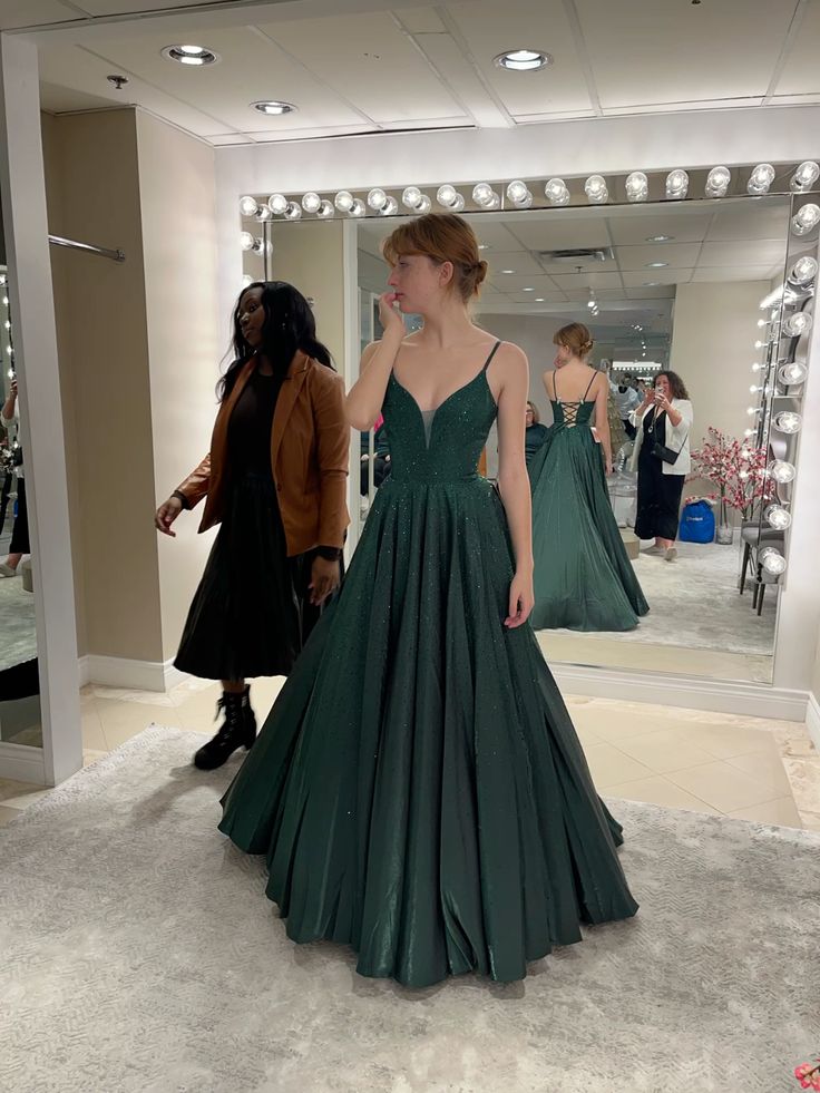 Glitter A Line Spaghetti Straps V Neck Dark Green Satin Sequin Long  Prom Dress,Evening Dress GG1744