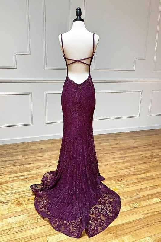 Gorgeous Mermaid Spaghetti Straps Satin Lace Beaded Slit Long Prom Dress,Evening Dress GG1745