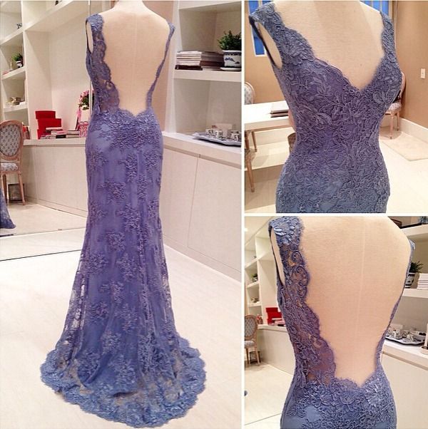 Glamorous Mermaid Lilac Satin Lace Applique Backless Long Prom Dress,Evening Dress GG1746