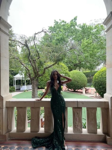 Glitter Mermaid V Neck Dark Green Satin Sequin Slit  Long Prom Dress,Evening Dress GG1757