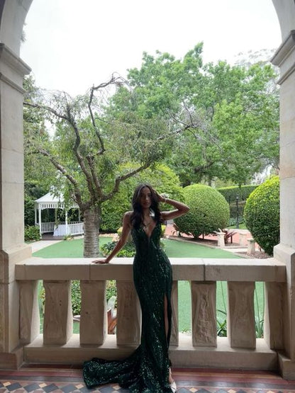 Glitter Mermaid V Neck Dark Green Satin Sequin Slit  Long Prom Dress,Evening Dress GG1757