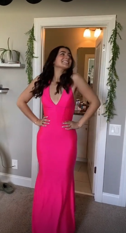 Charming Mermaid V Neck Hot Pink Satin Long Prom Dress,Evening Dress GG1751