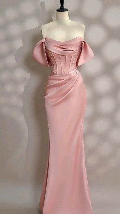 Elegant Mermaid Off The Shoulder Pink Satin Pleated Long Prom Dress,Evening Dress GG1753