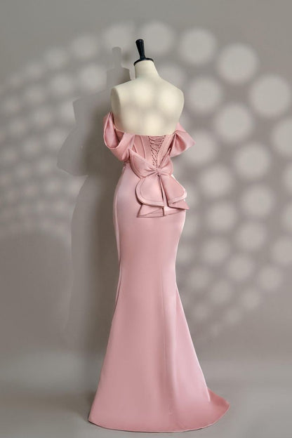 Elegant Mermaid Off The Shoulder Pink Satin Pleated Long Prom Dress,Evening Dress GG1753