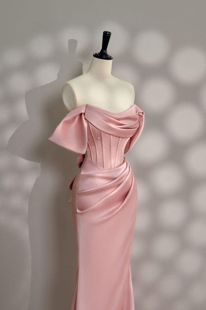 Elegant Mermaid Off The Shoulder Pink Satin Pleated Long Prom Dress,Evening Dress GG1753
