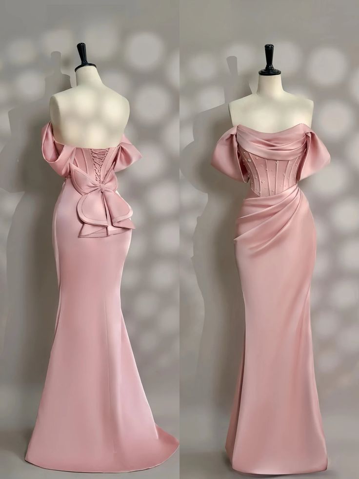 Elegant Mermaid Off The Shoulder Pink Satin Pleated Long Prom Dress,Evening Dress GG1753