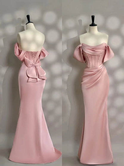 Elegant Mermaid Off The Shoulder Pink Satin Pleated Long Prom Dress,Evening Dress GG1753