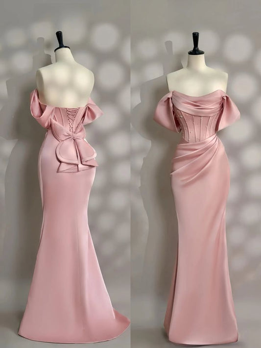 Elegant Mermaid Off The Shoulder Pink Satin Pleated Long Prom Dress,Evening Dress GG1753
