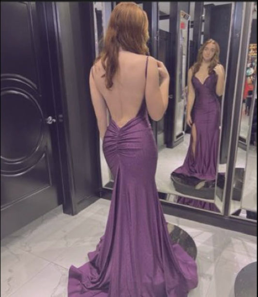 Sexy Mermaid Spaghetti Straps Purple Satin Backless Pleated Long Prom Dress,Evening Dress GG1754