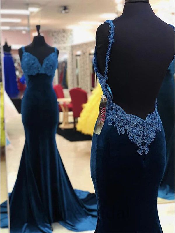 Charming Mermaid Spaghetti Straps Dark Navy Velvet Applique Backless Long Prom Dress,Evening Dress GG1755