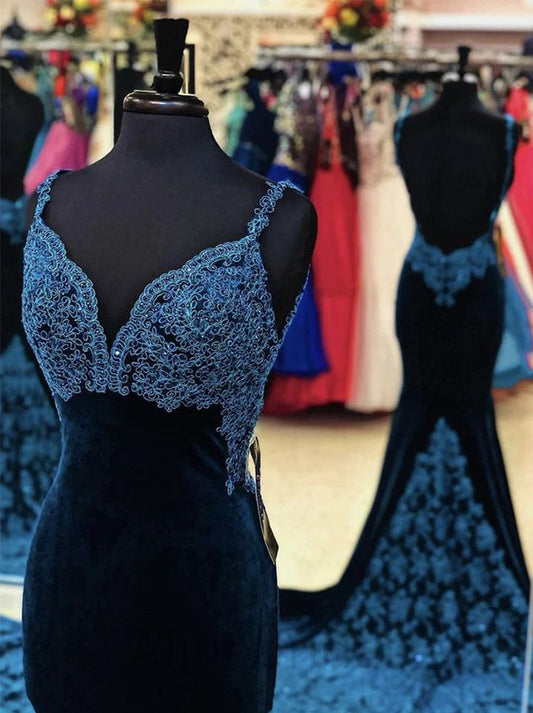 Charming Mermaid Spaghetti Straps Dark Navy Velvet Applique Backless Long Prom Dress,Evening Dress GG1755