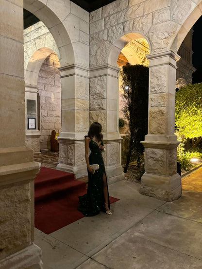 Glitter Mermaid V Neck Dark Green Satin Sequin Slit  Long Prom Dress,Evening Dress GG1757