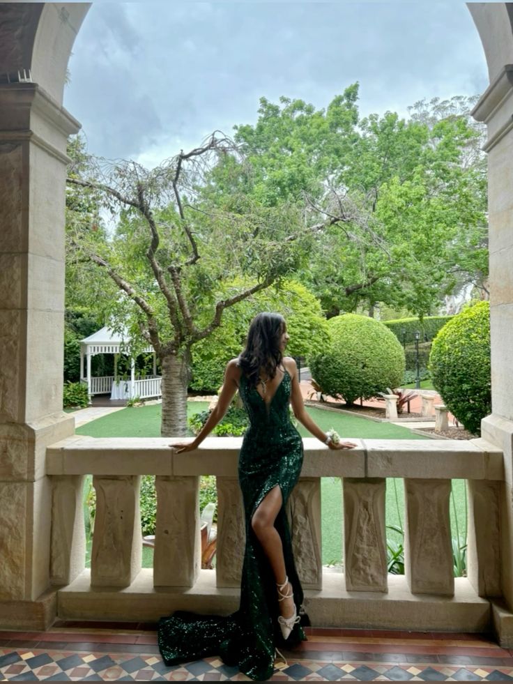 Glitter Mermaid V Neck Dark Green Satin Sequin Slit  Long Prom Dress,Evening Dress GG1757