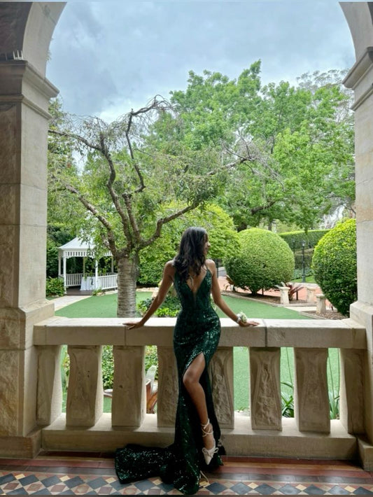 Glitter Mermaid V Neck Dark Green Satin Sequin Slit  Long Prom Dress,Evening Dress GG1757