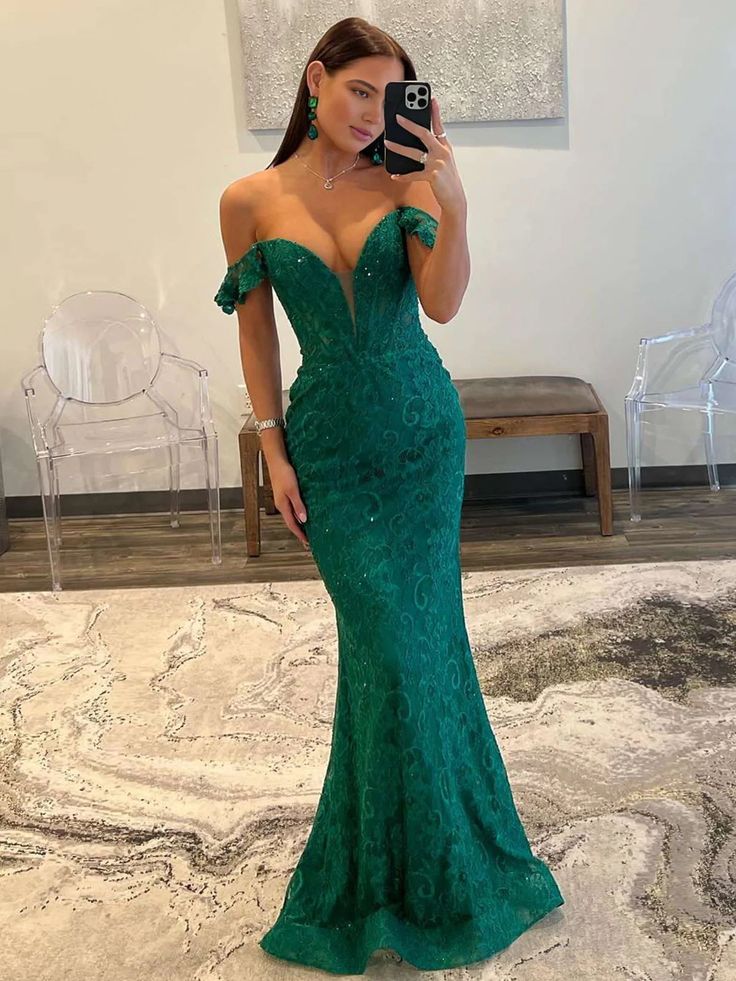 Pretty Mermaid Off The Shoulder Satin Lace  Long Prom Dress,Evening Dress GG1758