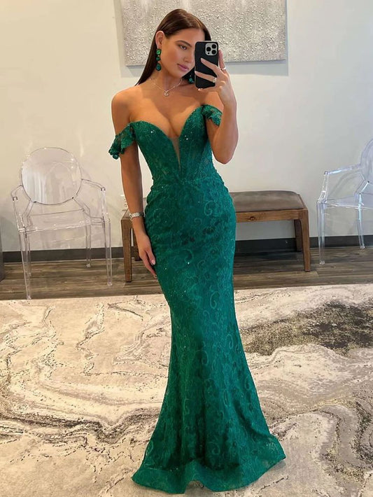 Pretty Mermaid Off The Shoulder Satin Lace  Long Prom Dress,Evening Dress GG1758