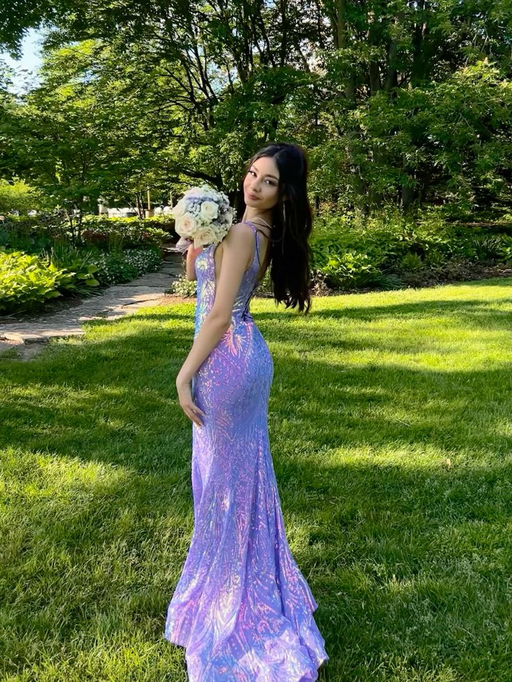Glamorous Mermaid Square Lilac Sequin Long Prom Dress,Evening Dress GG1760