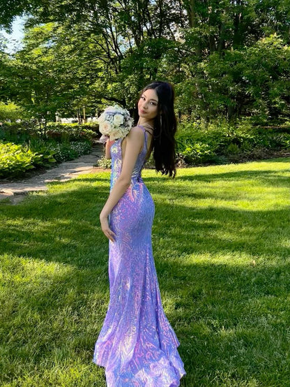 Glamorous Mermaid Square Lilac Sequin Long Prom Dress,Evening Dress GG1760