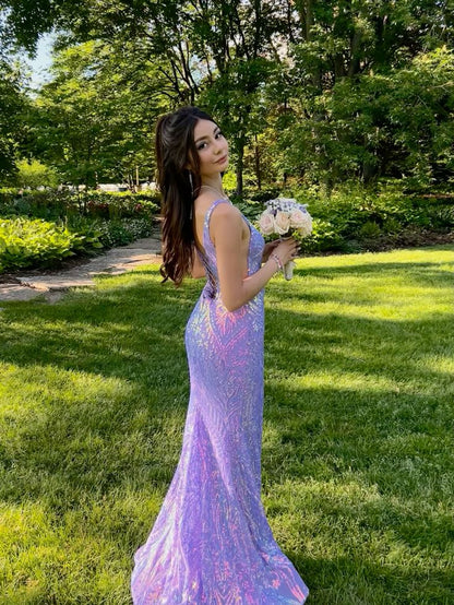 Glamorous Mermaid Square Lilac Sequin Long Prom Dress,Evening Dress GG1760