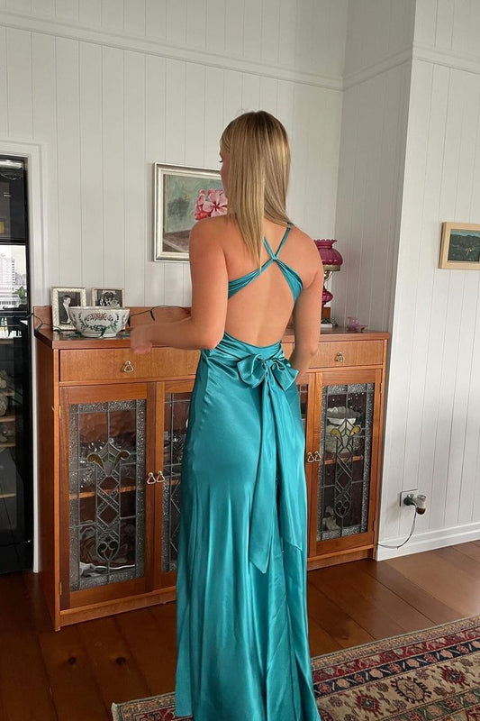 Charming Mermaid Halter V Neck Turquoise Satin Pleated Long Prom Dress,Evening Dress GG1764
