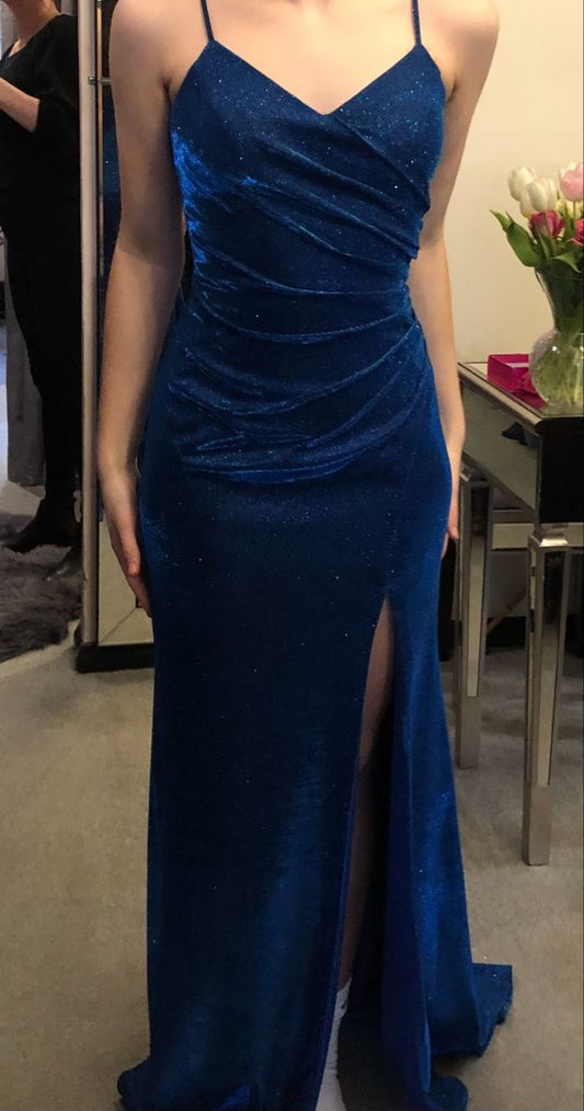 Glitter Mermaid Spaghetti Straps Navy Velvet Pleated Slit Long Prom Dress,Evening Dress GG1768