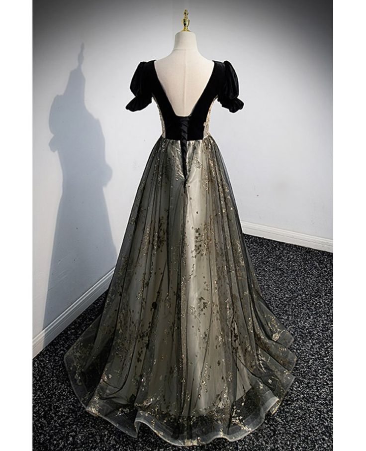 Elegant  A Line Black Short Bubble Tulle Sparkly Sequins Long Prom Dress,Evening Dresses GG177