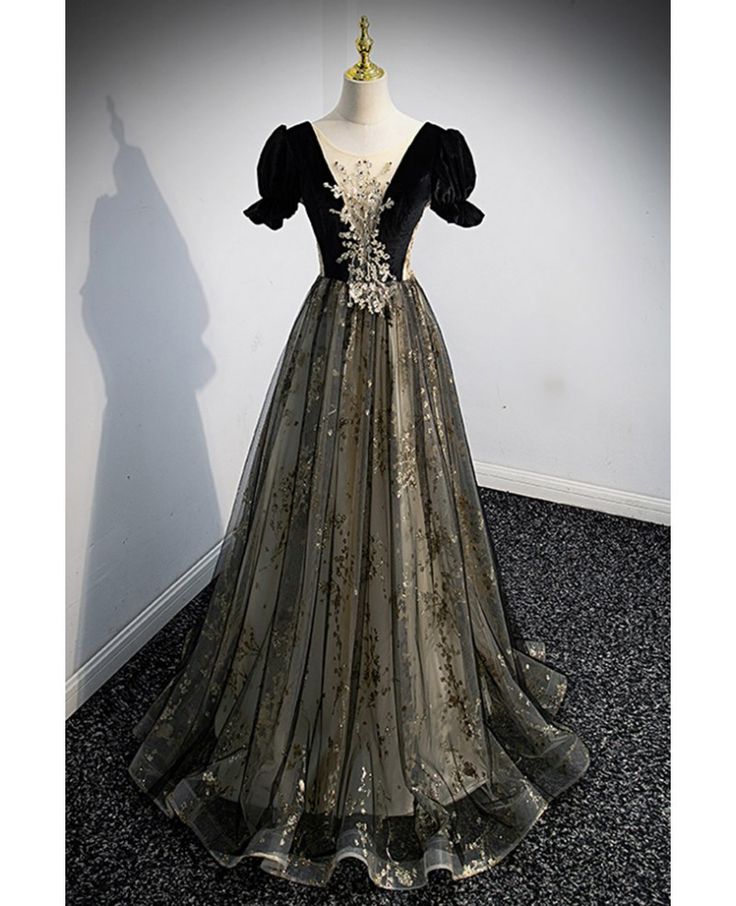 Elegant  A Line Black Short Bubble Tulle Sparkly Sequins Long Prom Dress,Evening Dresses GG177