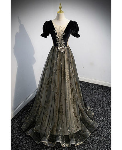 Elegant  A Line Black Short Bubble Tulle Sparkly Sequins Long Prom Dress,Evening Dresses GG177