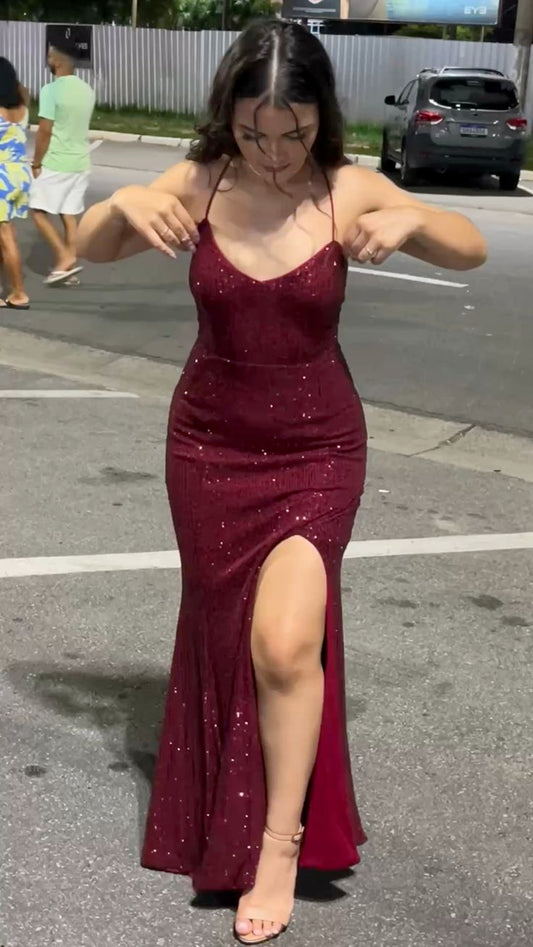 Sexy Mermaid Halter Straps Burgundy Satin Sequin Slit Long Prom Dress,Evening Dress GG1770