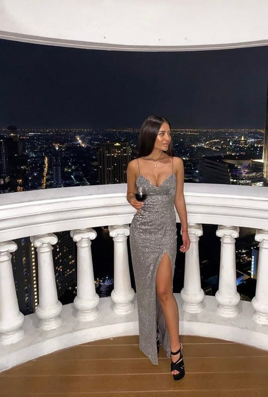 Sexy Mermaid Spaghetti Straps Silver Sequin Slit Long Prom Dress,Evening Dress GG1772