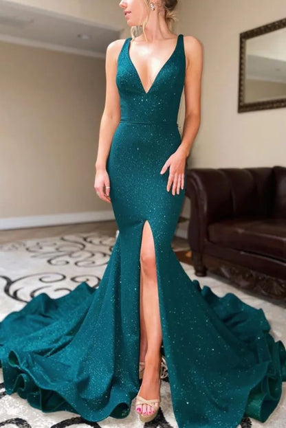 Chic Mermaid V Neck Teal Satin Sequin Slit Long Prom Dress,Evening Dress GG1773