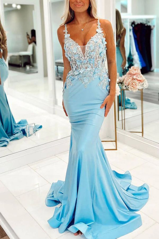 Beautiful Mermaid Spaghetti Straps Pale Blue Satin Applique Long Prom Dress,Evening Dress GG1779